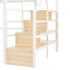 Lit mezzanine 140 x 200 cm - Structure en fer - Éclairage LED - Escalier - Blanc (matelas non inclus)
