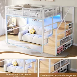 Lit mezzanine 140 x 200 cm - Structure en fer - Éclairage LED - Escalier - Blanc (matelas non inclus)