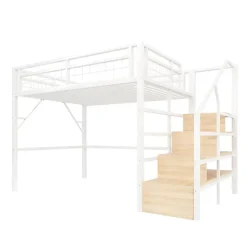 Lit mezzanine 140 x 200 cm - Structure en fer - Éclairage LED - Escalier - Blanc (matelas non inclus)