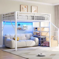 Lit mezzanine 140 x 200 cm - Structure en fer - Éclairage LED - Escalier - Blanc (matelas non inclus)