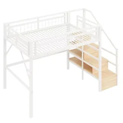 Lit mezzanine 140 x 200 cm - Structure en fer - Éclairage LED - Escalier - Blanc (matelas non inclus)