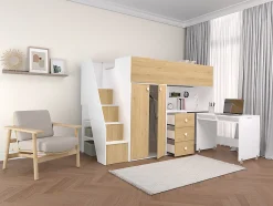 Lit mezzanine 90 x 190 cm avec armoire et bureau - Blanc et naturel - LANILATO