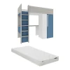 Lit mezzanine 90 x 200 cm avec armoire et bureau - Bleu et blanc + matelas - NICOLAS