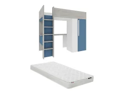 Lit mezzanine 90 x 200 cm avec armoire et bureau - Bleu et blanc + matelas - NICOLAS