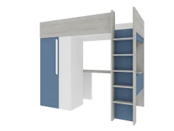 Lit mezzanine 90 x 200 cm avec armoire et bureau - Bleu et blanc + matelas - NICOLAS