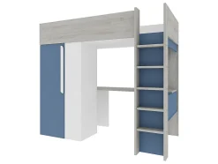 Lit mezzanine 90 x 200 cm avec armoire et bureau - Bleu et blanc + matelas - NICOLAS