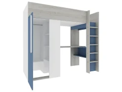 Lit mezzanine 90 x 200 cm avec armoire et bureau - Bleu et blanc + matelas - NICOLAS