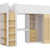 Lit mezzanine 90 x 190 cm avec bureau et penderie - Coloris : Blanc et naturel - LORINTI