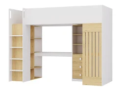 Lit mezzanine 90 x 190 cm avec bureau et penderie - Coloris : Blanc et naturel - LORINTI