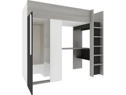 Lit mezzanine 90 x 200 cm avec armoire et bureau - Anthracite et blanc + matelas - NICOLAS II