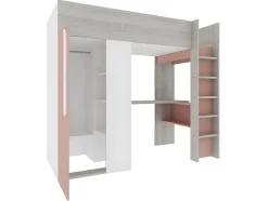 Lit mezzanine 90 x 200 cm avec armoire et bureau - Rose et blanc + matelas - NICOLAS