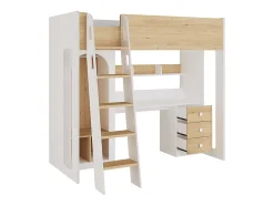 Lit mezzanine 90 x 190 cm avec penderie et bureau - Coloris : Naturel et blanc - ALVENOU