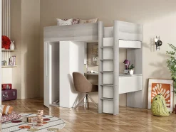 Lit mezzanine 90 x 200 cm avec armoire et bureau - Naturel grisé et blanc - NICOLAS