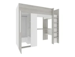 Lit mezzanine 90 x 200 cm avec armoire et bureau - Naturel grisé et blanc - NICOLAS