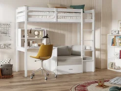 Lit mezzanine 90 x 200 cm avec bureau, sofa convertible et rangements - Pin et MDF - Blanc - GOLIATH III