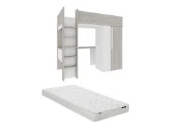 Lit mezzanine 90 x 200 cm avec armoire et bureau - Naturel grisé et blanc + Matelas - NICOLAS