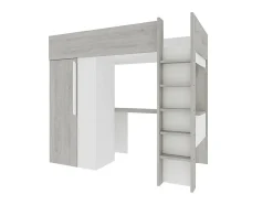 Lit mezzanine 90 x 200 cm avec armoire et bureau - Naturel grisé et blanc + Matelas - NICOLAS