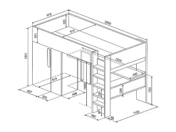 Lit mezzanine 90 x 200 cm avec armoire et bureau - Naturel grisé et blanc + Matelas - NICOLAS