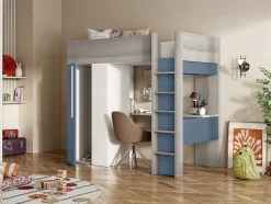 Lit mezzanine 90 x 200 cm avec armoire et bureau - Bleu et blanc - NICOLAS