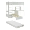 Lit mezzanine 90 x 200 cm avec bureau, sofa convertible et rangements - Pin massif - Blanchi + Matelas - GOLIATH III