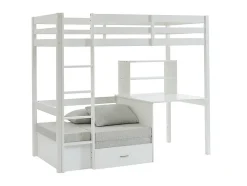 Lit mezzanine 90 x 200 cm avec bureau, sofa convertible et rangements - Pin massif - Blanchi + Matelas - GOLIATH III
