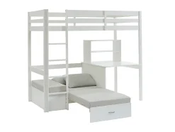 Lit mezzanine 90 x 200 cm avec bureau, sofa convertible et rangements - Pin massif - Blanchi + Matelas - GOLIATH III