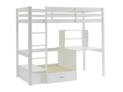 Lit mezzanine 90 x 200 cm avec bureau, sofa convertible et rangements - Pin massif - Blanchi + Matelas - GOLIATH III