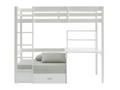 Lit mezzanine 90 x 200 cm avec bureau, sofa convertible et rangements - Pin massif - Blanchi + Matelas - GOLIATH III