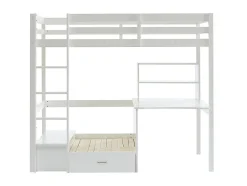Lit mezzanine 90 x 200 cm avec bureau, sofa convertible et rangements - Pin massif - Blanchi + Matelas - GOLIATH III