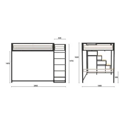 Lit mezzanine - 140x190 cm - Métal - Noir - Sommier inclus - LEON