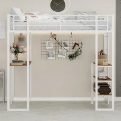 Lit Mezzanine Ado 90x190 cm - avec Bureau et Échelle Montable Gauche Droite, Garde-Corps, Structure en Métal, sans Matelas, Blanc
