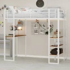 Lit Mezzanine Ado 90x190 cm - avec Bureau et Échelle Montable Gauche Droite, Garde-Corps, Structure en Métal, sans Matelas, Blanc