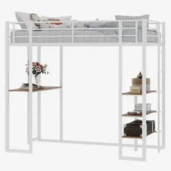 Lit Mezzanine Ado 90x190 cm - avec Bureau et Échelle Montable Gauche Droite, Garde-Corps, Structure en Métal, sans Matelas, Blanc
