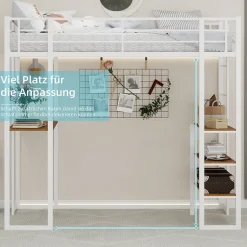 Lit Mezzanine Ado 90x190 cm - avec Bureau et Échelle Montable Gauche Droite, Garde-Corps, Structure en Métal, sans Matelas, Blanc