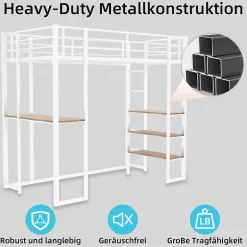 Lit Mezzanine Ado 90x190 cm - avec Bureau et Échelle Montable Gauche Droite, Garde-Corps, Structure en Métal, sans Matelas, Blanc