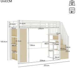 Lit Mezzanine Ado 90x200 cm - avec LED Intégrée, Bureau et Compartiment de Rangement - Escalier de Rangement - Métal + MDF - Blanc