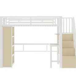 Lit Mezzanine Ado 90x200 cm - avec LED Intégrée, Bureau et Compartiment de Rangement - Escalier de Rangement - Métal + MDF - Blanc