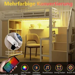 Lit Mezzanine Ado 90x200 cm - avec LED Intégrée, Bureau et Compartiment de Rangement - Escalier de Rangement - Métal + MDF - Blanc