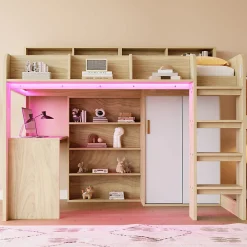 Lit Mezzanine Ado 90x200 cm - Bureau et Armoire Intégrés, LED et Prise Électrique - Sommier Inclus - Sans Matelas - Bois Naturel