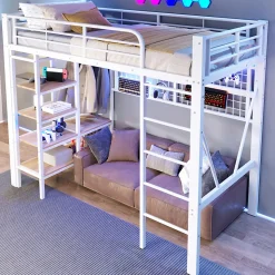 Lit Mezzanine Ado 90x200 cm - LED Intégrée, Étagères et Rangements avec Portant Vêtements, Structure Métal/MDF, Blanc