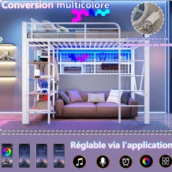 Lit Mezzanine Ado 90x200 cm - LED Intégrée, Étagères et Rangements avec Portant Vêtements, Structure Métal/MDF, Blanc