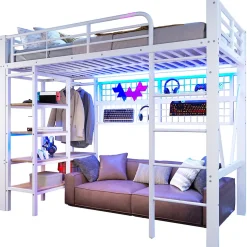 Lit Mezzanine Ado 90x200 cm - LED Intégrée, Étagères et Rangements avec Portant Vêtements, Structure Métal/MDF, Blanc