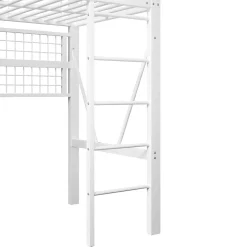 Lit Mezzanine Ado 90x200 cm - LED Intégrée, Étagères et Rangements avec Portant Vêtements, Structure Métal/MDF, Blanc