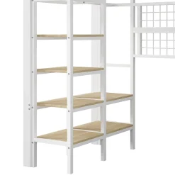 Lit Mezzanine Ado 90x200 cm - LED Intégrée, Étagères et Rangements avec Portant Vêtements, Structure Métal/MDF, Blanc