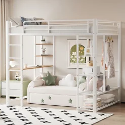 Lit mezzanine ado 90x200 cm avec bureau intégré, échelle et rangement pratique - structure métal et MDF robuste blanc