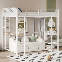 Lit mezzanine ado 90x200 cm avec bureau intégré, échelle et rangement pratique - structure métal et MDF robuste blanc