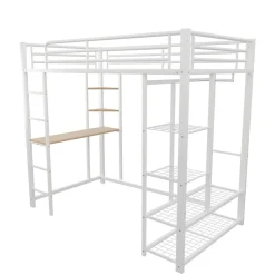 Lit mezzanine ado 90x200 cm avec bureau intégré, échelle et rangement pratique - structure métal et MDF robuste blanc