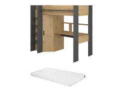 Lit mezzanine avec bureau et armoire - 90 x 200 cm - Coloris : Chêne et anthracite + matelas - AUCKLAND