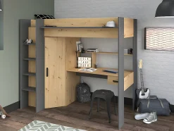Lit mezzanine avec bureau et armoire - 90 x 200 cm - Coloris : Chêne et anthracite + matelas - AUCKLAND