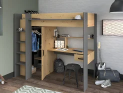 Lit mezzanine avec bureau et armoire - 90 x 200 cm - Coloris : Chêne et anthracite + matelas - AUCKLAND
